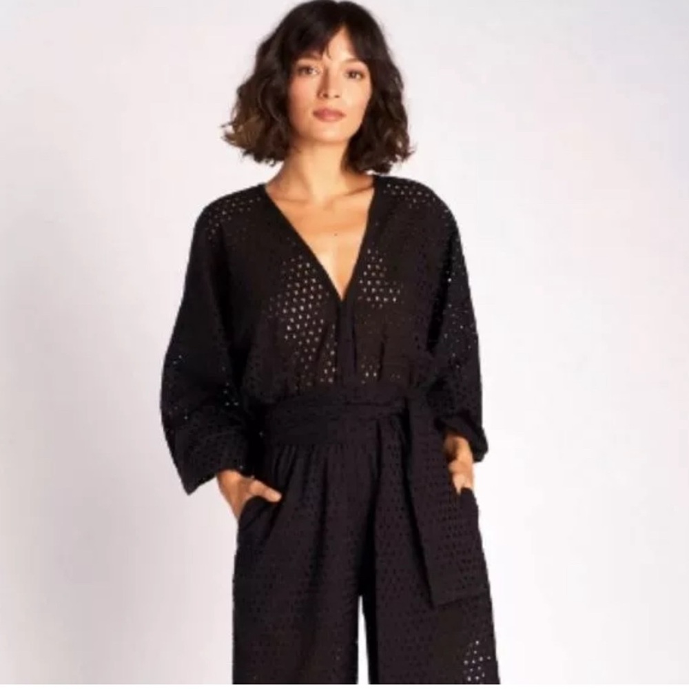 RHODE Resort Black Blake Eyelet Long Sleeve Jumpsuit with Belt.  XS NEW